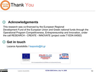 13
Lazaros Apostolidis ICCSA 2020 Online, July 1-4, 2020
Thank You
Acknowledgements
This research was co-financed by the European Regional
Development Fund of the European Union and Greek national funds through the
Operational Program Competitiveness, Entrepreneurship and Innovation, under
the call RESEARCH - CREATE - INNOVATE (project code:T1EDK-04582)
Get in touch
Lazaros Apostolidis / laaposto@iti.gr
 