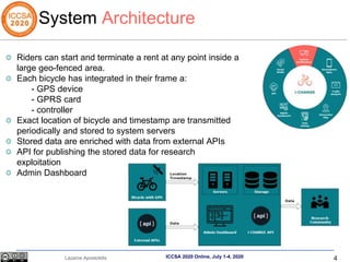 4
Lazaros Apostolidis ICCSA 2020 Online, July 1-4, 2020
System Architecture
Riders can start and terminate a rent at any point inside a
large geo-fenced area.
Each bicycle has integrated in their frame a:
- GPS device
- GPRS card
- controller
Exact location of bicycle and timestamp are transmitted
periodically and stored to system servers
Stored data are enriched with data from external APIs
API for publishing the stored data for research
exploitation
Admin Dashboard
 