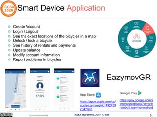 5
Lazaros Apostolidis ICCSA 2020 Online, July 1-4, 2020
Smart Device Application
Create Account
Login / Logout
See the exact locations of the bicycles in a map
Unlock / lock a bicycle
See history of rentals and payments
Update balance
Modify account information
Report problems in bicycles
EazymovGR
App Store
https://apps.apple.com/us/
app/eazymovgr/id1492459
234?ls=1
Google Play
https://play.google.com/s
tore/apps/details?id=gr.b
rainbox.eazymovandroid
 