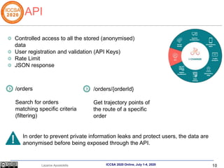 10
Lazaros Apostolidis ICCSA 2020 Online, July 1-4, 2020
API
Controlled access to all the stored (anonymised)
data
User re...