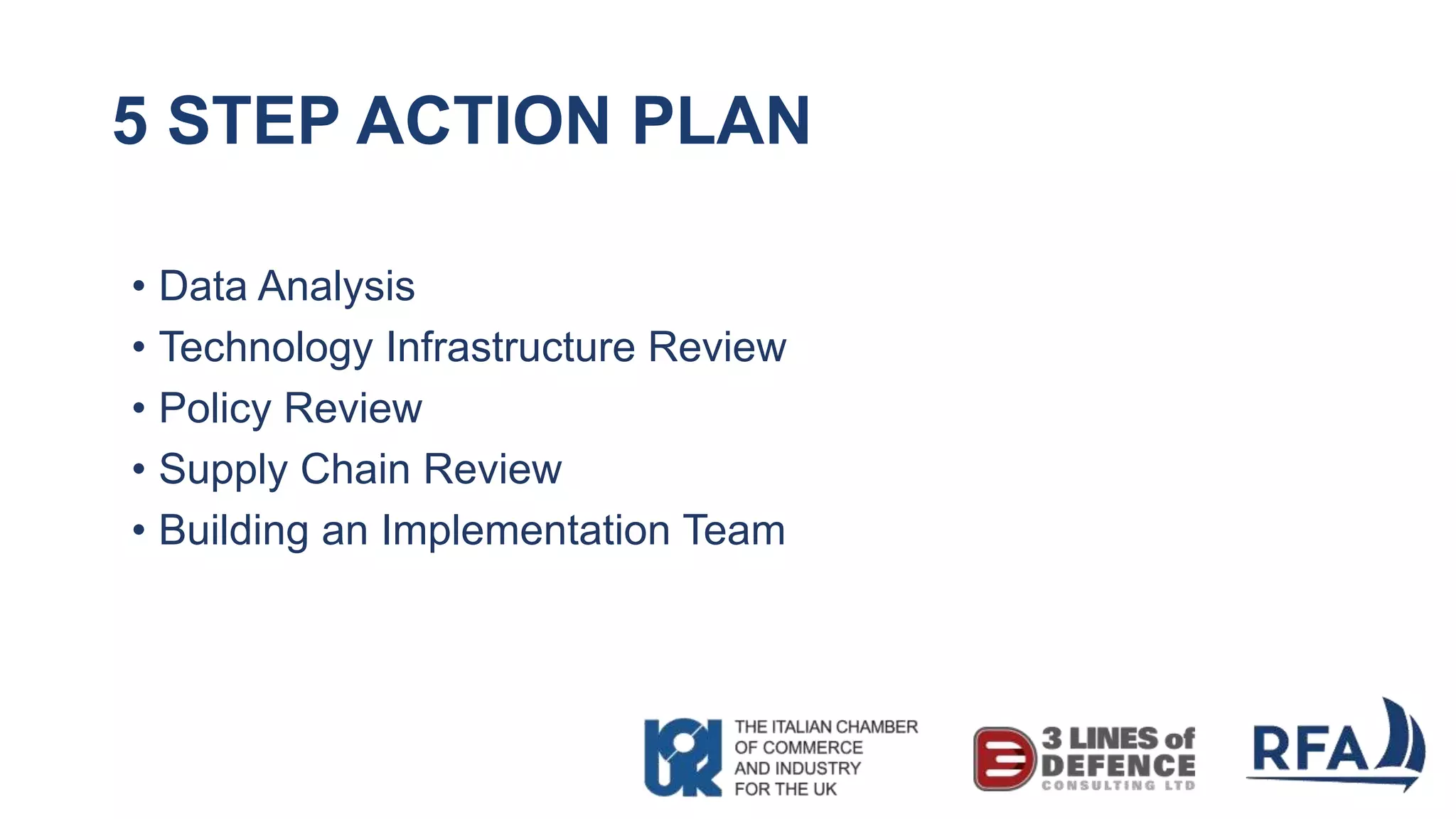 5 STEP ACTION PLAN
• Data Analysis
• Technology Infrastructure Review
• Policy Review
• Supply Chain Review
• Building an Implementation Team
 