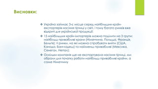 Висновки:
 Україна займає 3-є місце серед найбільших країн-
експортерів насіння гірчиці у світі, і тому багато ринків вже
відкриті для української продукції;
 15 найбільших країн-імпортерів можна поділити на 3 групи:
найбільш привабливі крани (Німеччина, Польща, Франція,
Бельгія); ті ринки, на які можна спробувати вийти (США,
Канада, Бангладеш) та найменш привабливі (Мексика,
Сенегал, Непал);
 Оскільки компанія ще не експортувала насіння гірчиці, ми
обрали для початку роботи найбільш привабливі країни, а
саме Німеччину
 