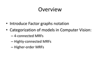 Overview

• Introduce Factor graphs notation
• Categorization of models in Computer Vision:
  – 4-connected MRFs
  – Highly-connected MRFs
  – Higher-order MRFs
 