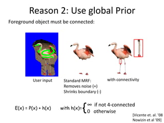Reason 2: Use global Prior
Foreground object must be connected:




          User input    Standard MRF:          with connectivity
                        Removes noise (+)
                        Shrinks boundary (-)


  E(x) = P(x) + h(x)   with h(x)= {
                                  ∞ if not 4-connected
                                  0 otherwise
                                                            [Vicente et. al. ’08
                                                            Nowizin et al ‘09+
 