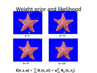 Weight prior and likelihood



     w =0                        w =10




    w =40                       w =200

E(x,z,w) =   ∑ θi (xi,zi)   + w∑ θij (xi,xj)
 