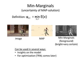 Min-Marginals
       (uncertainty of MAP-solution)

Definition: ψv;i = min E(x)
                    xv=i




  image                    MAP          Min-Marginals
                                         (foreground)
                                     (bright=very certain)
  Can be used in several ways:
  • Insights on the model
  • For optimization (TRW, comes later)
 