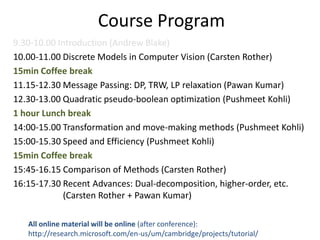 Course Program
9.30-10.00 Introduction (Andrew Blake)
10.00-11.00 Discrete Models in Computer Vision (Carsten Rother)
15min Coffee break
11.15-12.30 Message Passing: DP, TRW, LP relaxation (Pawan Kumar)
12.30-13.00 Quadratic pseudo-boolean optimization (Pushmeet Kohli)
1 hour Lunch break
14:00-15.00 Transformation and move-making methods (Pushmeet Kohli)
15:00-15.30 Speed and Efficiency (Pushmeet Kohli)
15min Coffee break
15:45-16.15 Comparison of Methods (Carsten Rother)
16:15-17.30 Recent Advances: Dual-decomposition, higher-order, etc.
             (Carsten Rother + Pawan Kumar)

   All online material will be online (after conference):
   http://research.microsoft.com/en-us/um/cambridge/projects/tutorial/
 