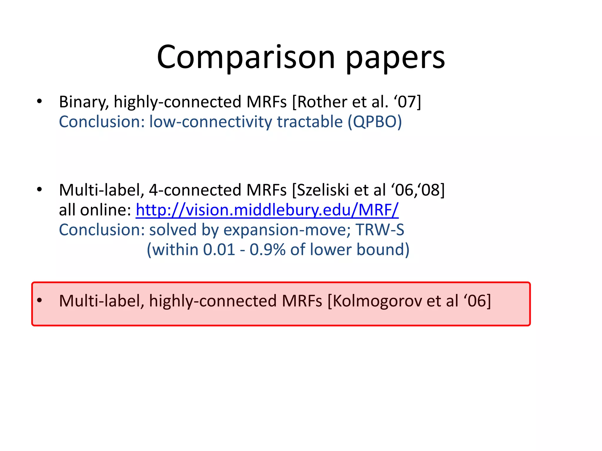Comparison papers • Binary, highly-connected MRFs *Rother et al. ‘07+ Conclusion: low-connectivity tractable (QPBO) • Multi-label, 4-connected MRFs *Szeliski et al ‘06,‘08+ all online: http://vision.middlebury.edu/MRF/ Conclusion: solved by expansion-move; TRW-S (within 0.01 - 0.9% of lower bound) • Multi-label, highly-connected MRFs *Kolmogorov et al ‘06+ 