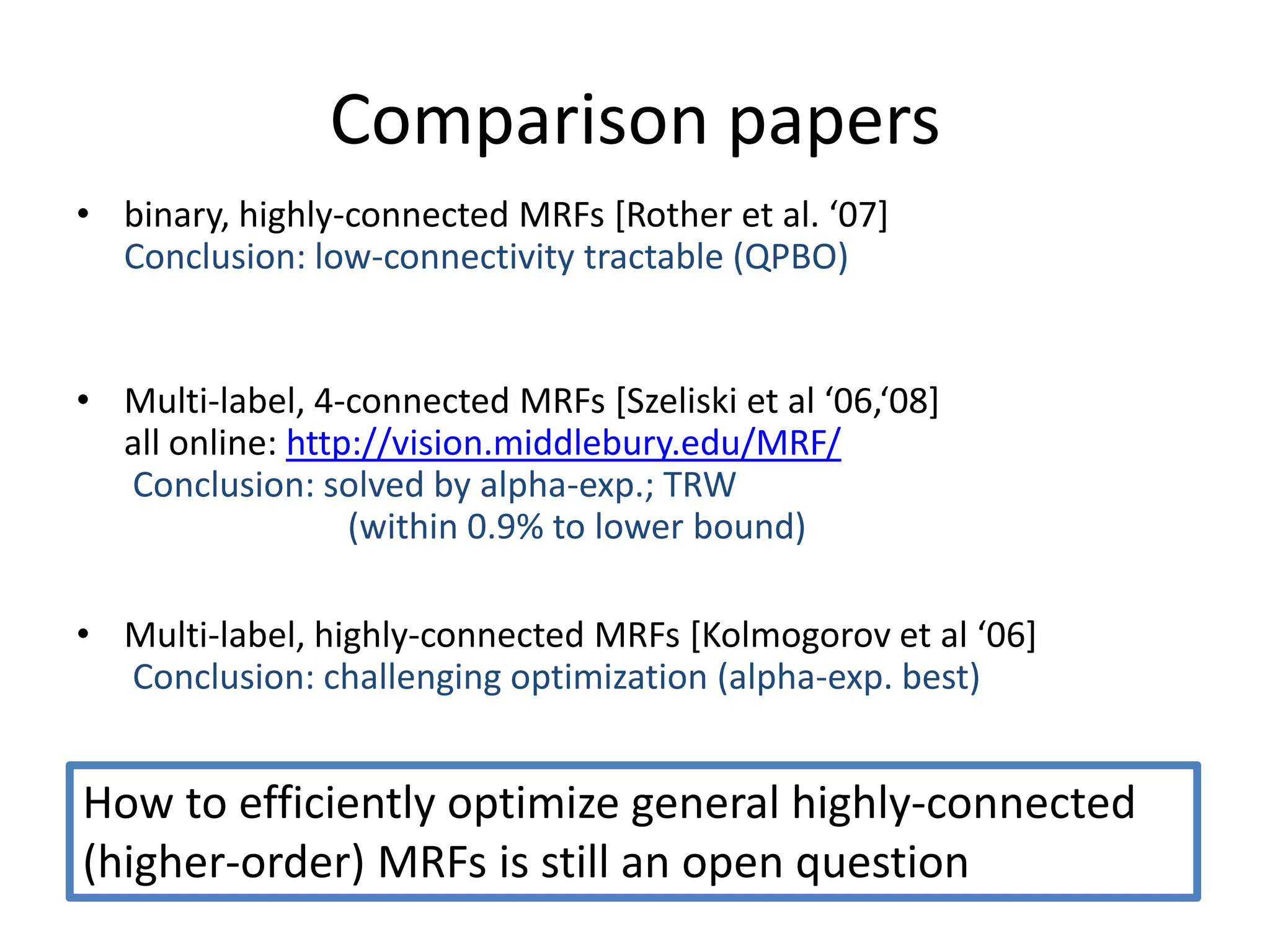 Comparison papers • binary, highly-connected MRFs *Rother et al. ‘07+ Conclusion: low-connectivity tractable (QPBO) • Multi-label, 4-connected MRFs *Szeliski et al ‘06,‘08+ all online: http://vision.middlebury.edu/MRF/ Conclusion: solved by alpha-exp.; TRW (within 0.9% to lower bound) • Multi-label, highly-connected MRFs *Kolmogorov et al ‘06+ Conclusion: challenging optimization (alpha-exp. best) How to efficiently optimize general highly-connected (higher-order) MRFs is still an open question 