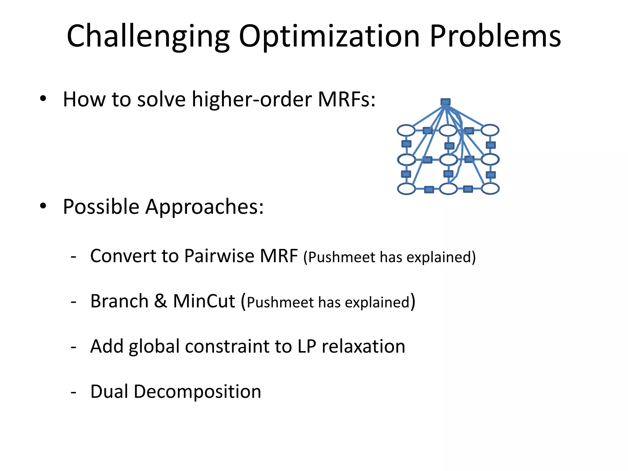 Challenging Optimization Problems • How to solve higher-order MRFs: • Possible Approaches: - Convert to Pairwise MRF (Pushmeet has explained) - Branch & MinCut (Pushmeet has explained) - Add global constraint to LP relaxation - Dual Decomposition 
