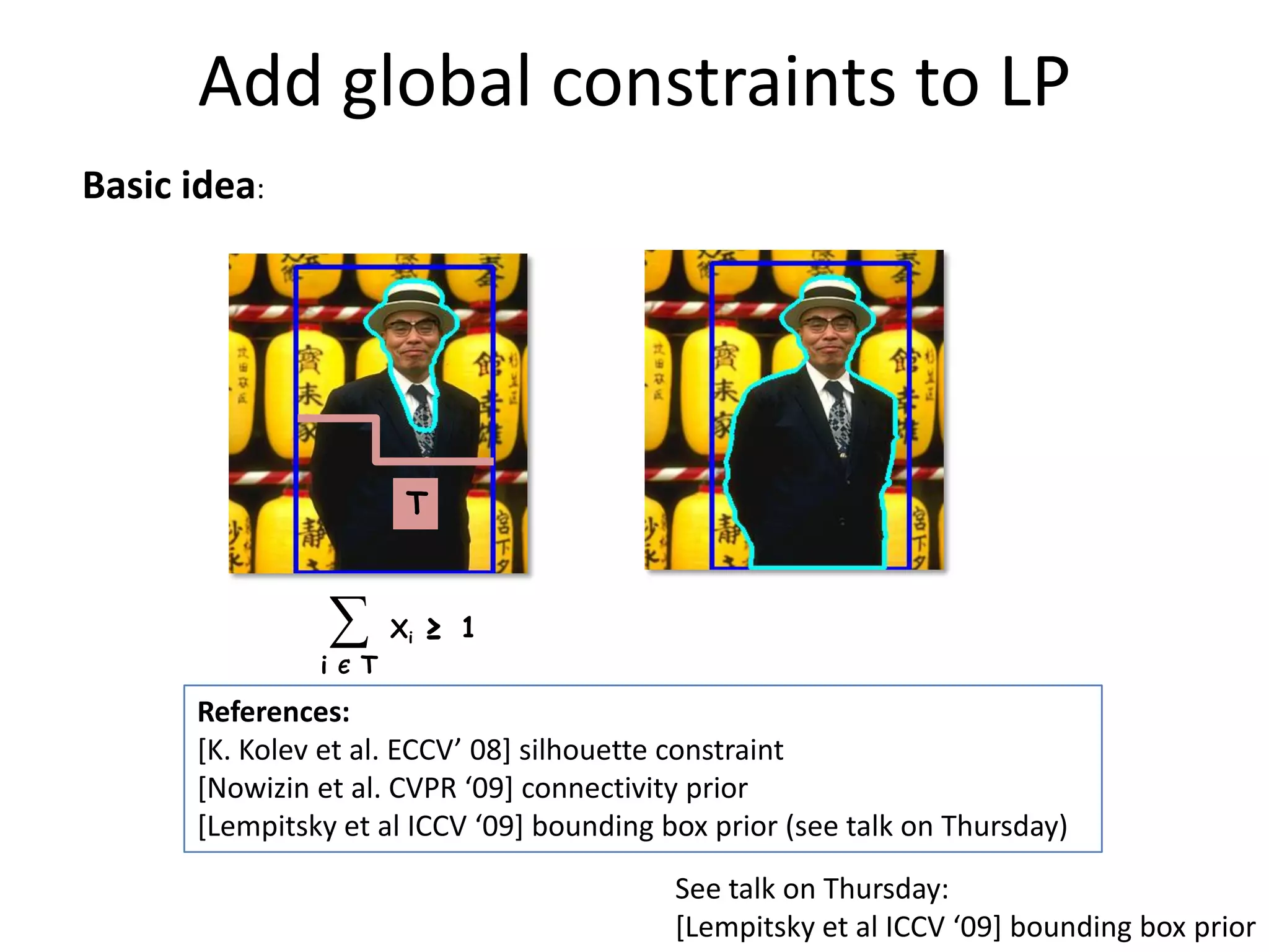 Add global constraints to LP Basic idea: T ∑ Xi ≥ 1 i Є T References: [K. Kolev et al. ECCV’ 08] silhouette constraint [Nowizin et al. CVPR ‘09+ connectivity prior [Lempitsky et al ICCV ‘09+ bounding box prior (see talk on Thursday) See talk on Thursday: [Lempitsky et al ICCV ‘09+ bounding box prior 