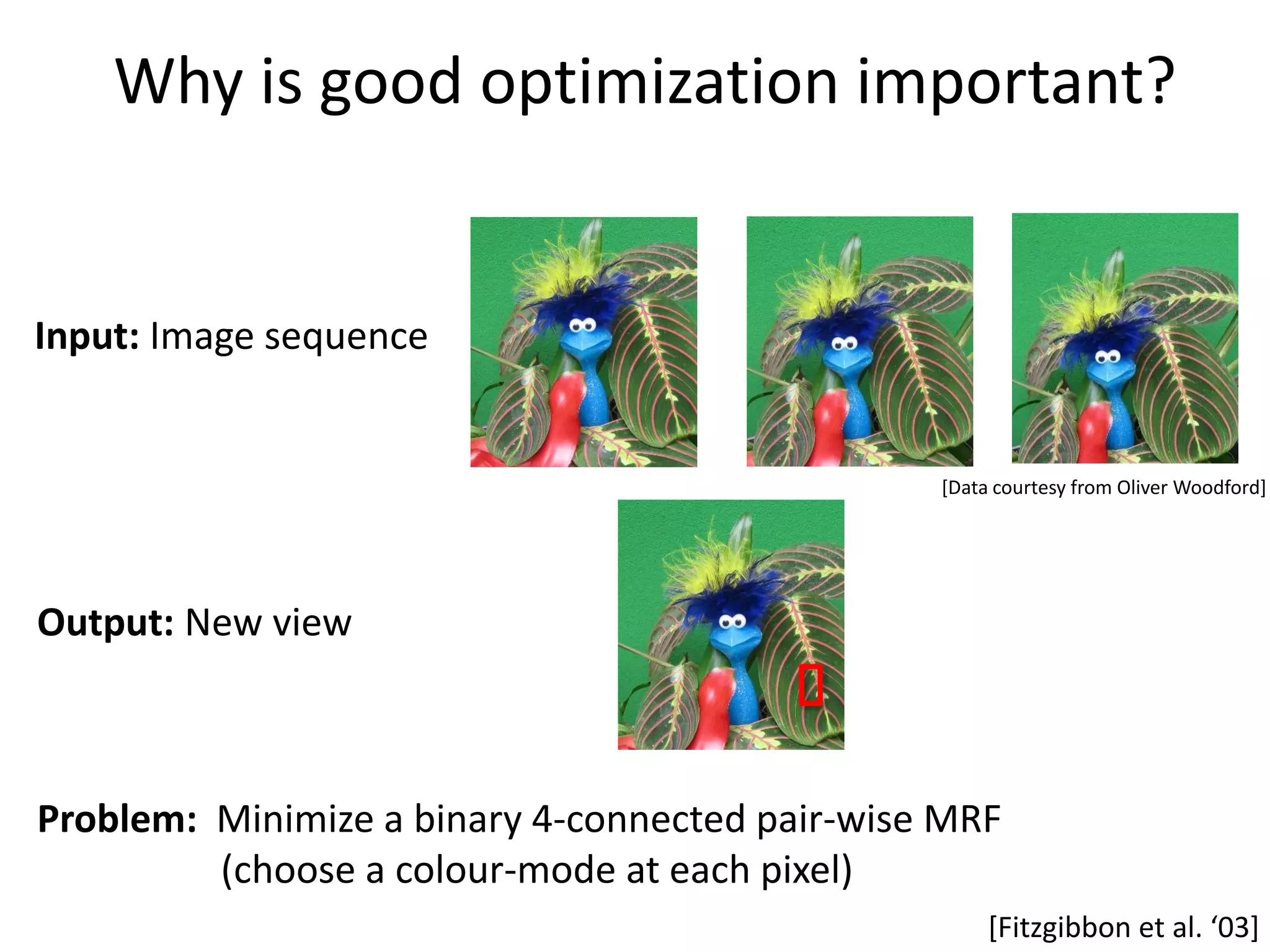 Why is good optimization important? Input: Image sequence [Data courtesy from Oliver Woodford] Output: New view Problem: Minimize a binary 4-connected pair-wise MRF (choose a colour-mode at each pixel) [Fitzgibbon et al. ‘03+ 