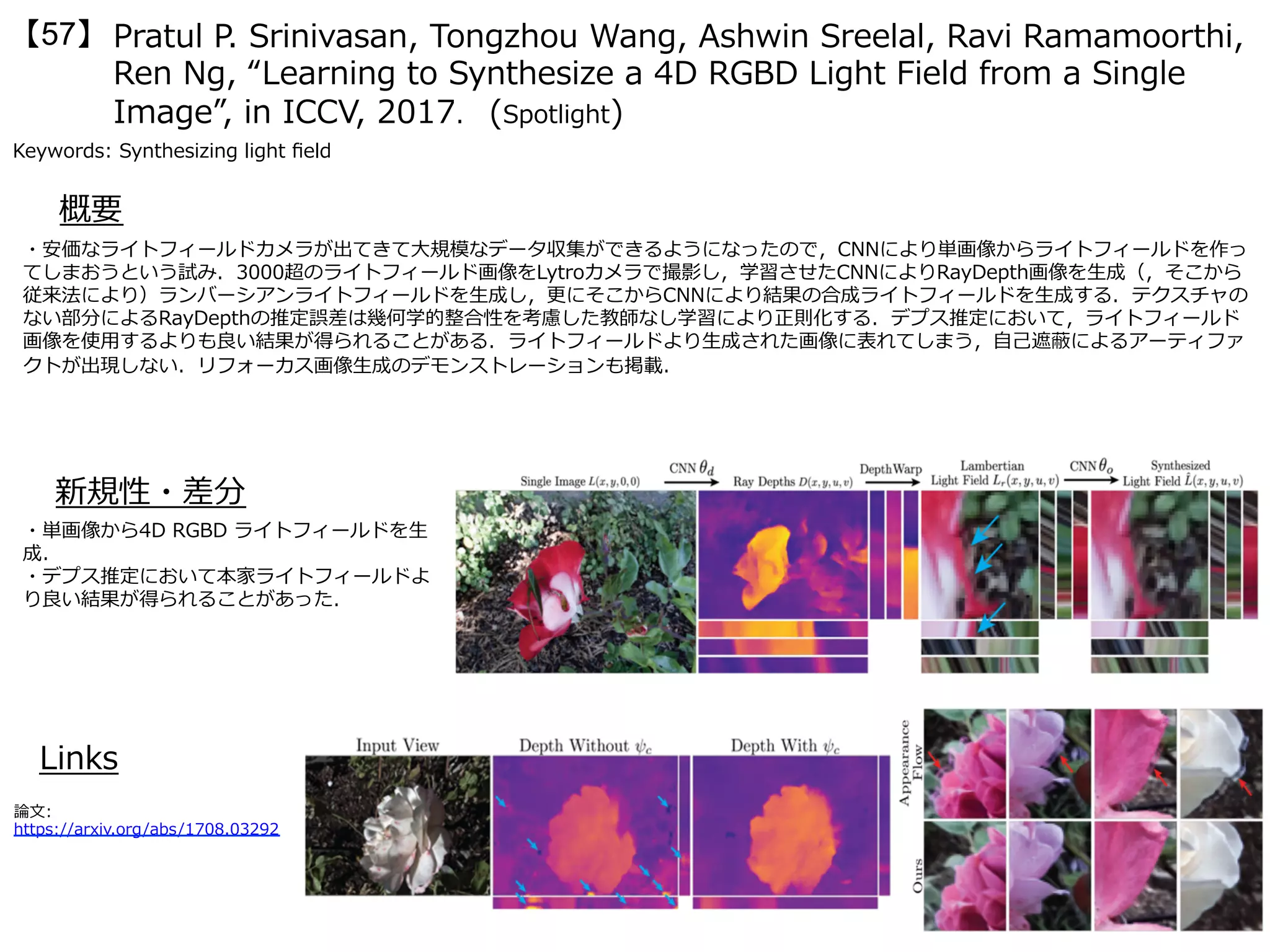 Pratul P. Srinivasan, Tongzhou Wang, Ashwin Sreelal, Ravi Ramamoorthi,
Ren Ng, “Learning to Synthesize a 4D RGBD Light Field from a Single
Image”, in ICCV, 2017. (Spotlight) 
【57】
Keywords: Synthesizing light ﬁeld
新規性・差分
概要
・安価なライトフィールドカメラが出てきて⼤規模なデータ収集ができるようになったので，CNNにより単画像からライトフィールドを作っ
てしまおうという試み．3000超のライトフィールド画像をLytroカメラで撮影し，学習させたCNNによりRayDepth画像を⽣成（，そこから
従来法により）ランバーシアンライトフィールドを⽣成し，更にそこからCNNにより結果の合成ライトフィールドを⽣成する．テクスチャの
ない部分によるRayDepthの推定誤差は幾何学的整合性を考慮した教師なし学習により正則化する．デプス推定において，ライトフィールド
画像を使⽤するよりも良い結果が得られることがある．ライトフィールドより⽣成された画像に表れてしまう，⾃⼰遮蔽によるアーティファ
クトが出現しない．リフォーカス画像⽣成のデモンストレーションも掲載．
・単画像から4D RGBD ライトフィールドを⽣
成．
・デプス推定において本家ライトフィールドよ
り良い結果が得られることがあった．
Links
論⽂:
https://arxiv.org/abs/1708.03292
 