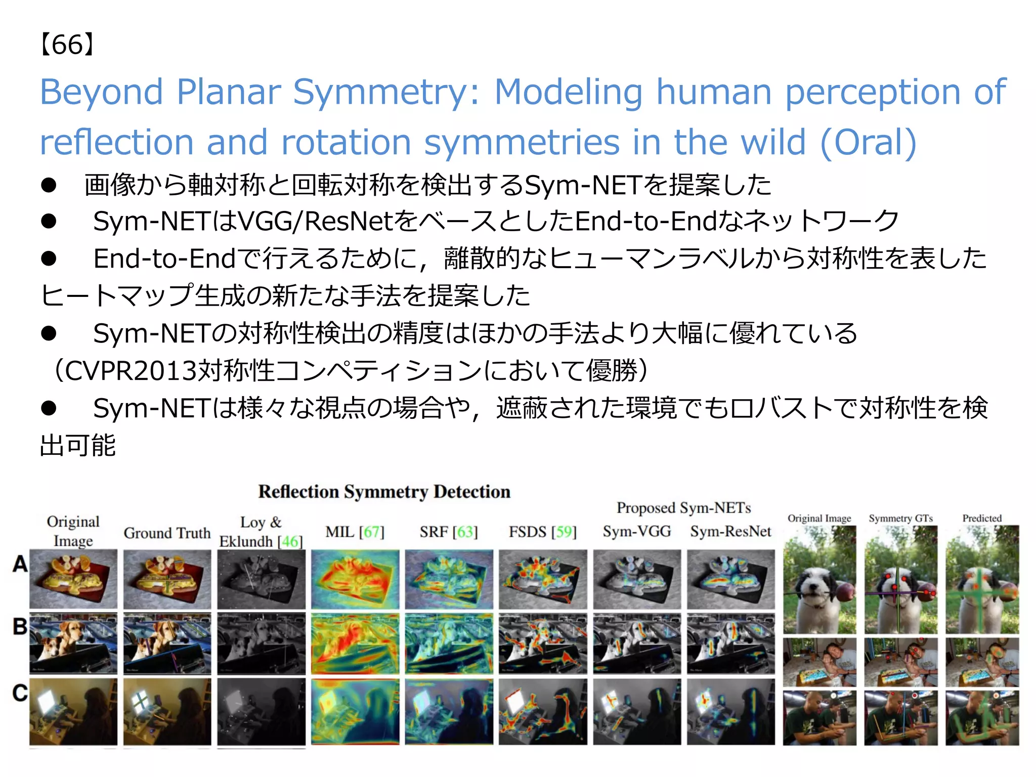 Beyond Planar Symmetry: Modeling human perception of
reﬂection and rotation symmetries in the wild (Oral)
l  画像から軸対称と回転対称を検出するSym-NETを提案した
l   Sym-NETはVGG/ResNetをベースとしたEnd-to-Endなネットワーク
l   End-to-Endで⾏えるために，離散的なヒューマンラベルから対称性を表した
ヒートマップ⽣成の新たな⼿法を提案した
l   Sym-NETの対称性検出の精度はほかの⼿法より⼤幅に優れている
（CVPR2013対称性コンペティションにおいて優勝）
l   Sym-NETは様々な視点の場合や，遮蔽された環境でもロバストで対称性を検
出可能
【66】
 
