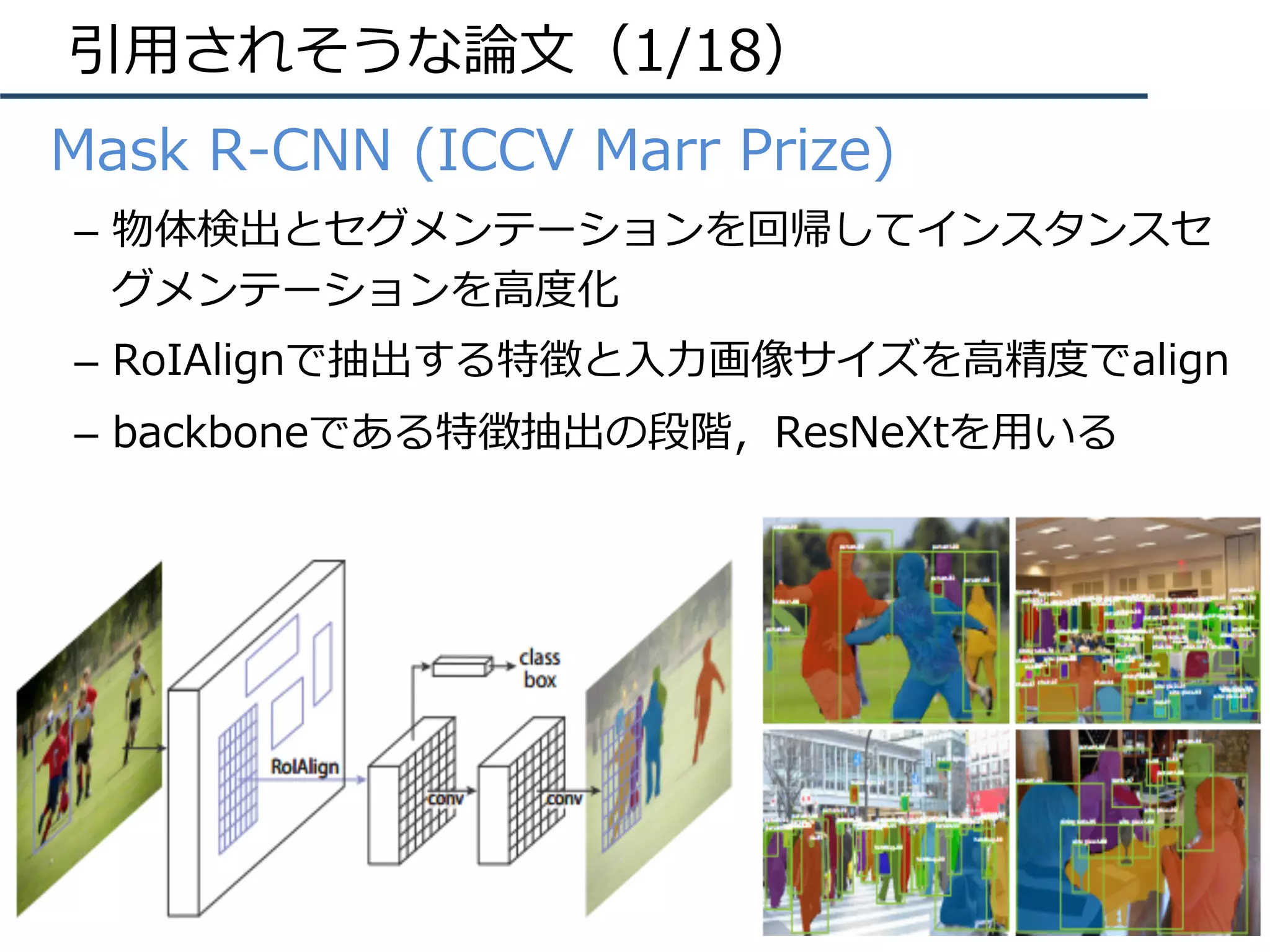 引⽤されそうな論⽂（1/18）
•  Mask R-CNN (ICCV Marr Prize)
–  物体検出とセグメンテーションを回帰してインスタンスセ
グメンテーションを⾼度化
–  RoIAlignで抽出する特徴と⼊⼒画像サイズを⾼精度でalign
–  backboneである特徴抽出の段階，ResNeXtを⽤いる
 
