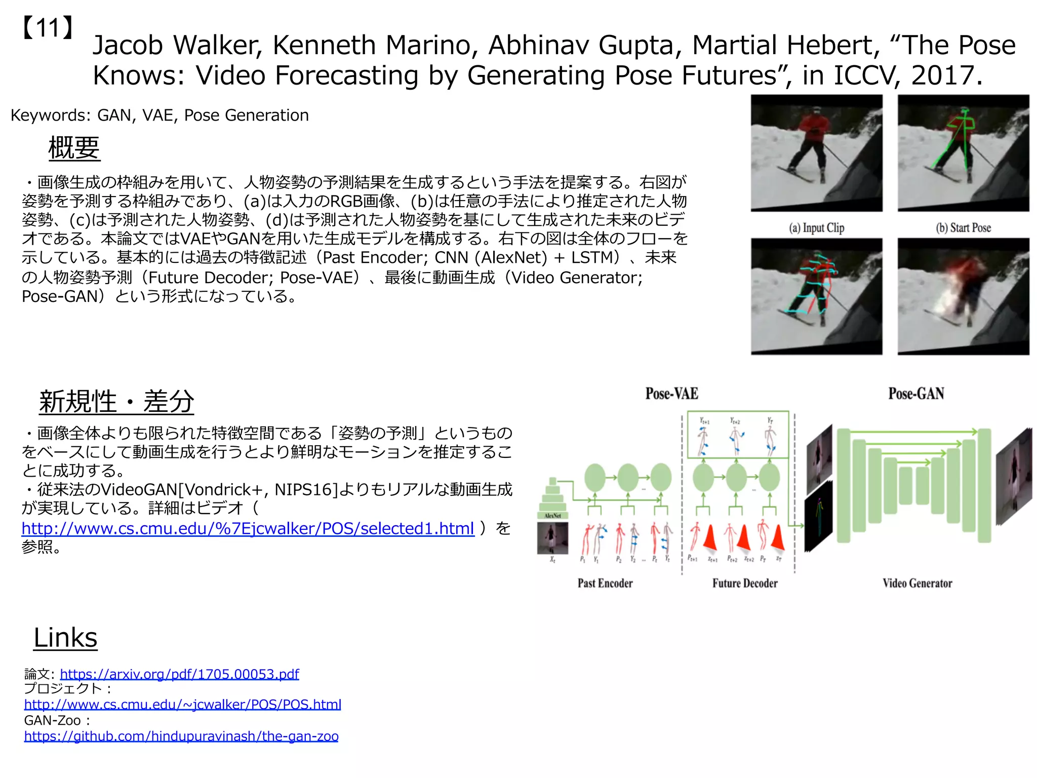 Jacob Walker, Kenneth Marino, Abhinav Gupta, Martial Hebert, “The Pose
Knows: Video Forecasting by Generating Pose Futures”, in ICCV, 2017.
【11】
Keywords: GAN, VAE, Pose Generation
新規性・差分
概要
・画像⽣成の枠組みを⽤いて、⼈物姿勢の予測結果を⽣成するという⼿法を提案する。右図が
姿勢を予測する枠組みであり、(a)は⼊⼒のRGB画像、(b)は任意の⼿法により推定された⼈物
姿勢、(c)は予測された⼈物姿勢、(d)は予測された⼈物姿勢を基にして⽣成された未来のビデ
オである。本論⽂ではVAEやGANを⽤いた⽣成モデルを構成する。右下の図は全体のフローを
⽰している。基本的には過去の特徴記述（Past Encoder; CNN (AlexNet) + LSTM）、未来
の⼈物姿勢予測（Future Decoder; Pose-VAE）、最後に動画⽣成（Video Generator;
Pose-GAN）という形式になっている。
・画像全体よりも限られた特徴空間である「姿勢の予測」というもの
をベースにして動画⽣成を⾏うとより鮮明なモーションを推定するこ
とに成功する。
・従来法のVideoGAN[Vondrick+, NIPS16]よりもリアルな動画⽣成
が実現している。詳細はビデオ（
http://www.cs.cmu.edu/%7Ejcwalker/POS/selected1.html ）を
参照。
Links
論⽂: https://arxiv.org/pdf/1705.00053.pdf
プロジェクト :
http://www.cs.cmu.edu/~jcwalker/POS/POS.html
GAN-Zoo :
https://github.com/hindupuravinash/the-gan-zoo
 