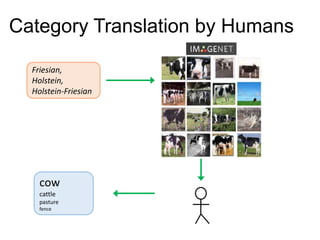 Category Translation by Humans
Friesian,
Holstein,
Holstein-Friesian

cow
cattle
pasture
fence

 