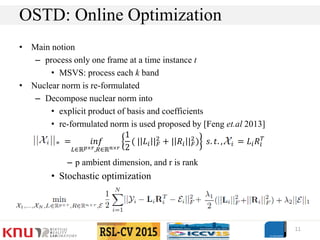 • Main notion
– process only one frame at a time instance t
• MSVS: process each k band
• Nuclear norm is re-formulated
– Decompose nuclear norm into
• explicit product of basis and coefficients
• re-formulated norm is used proposed by [Feng et.al 2013]
– p ambient dimension, and r is rank
• Stochastic optimization
11
OSTD: Online Optimization
= 𝑖𝑛𝑓
𝐿∈ℝ 𝑝×𝑟,𝑅∈ℝ 𝑛×𝑟
1
2
( | 𝐿𝑖 | 𝐹
2
+ | 𝑅𝑖 | 𝐹
2
) 𝑠. 𝑡. , = 𝐿𝑖 𝑅𝑖
𝑇
 