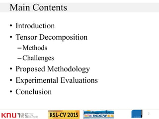 • Introduction
• Tensor Decomposition
–Methods
–Challenges
• Proposed Methodology
• Experimental Evaluations
• Conclusion
2
Main Contents
 