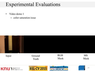 • Video demo 1
– color saturation issue
24
Experimental Evaluations
Input Ground
Truth
RGB
Mask
MS
Mask
 