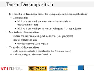 • Is it possible to decompose tensor for Background subtraction application?
– 2 components
• Multi-dimensional low-rank tensor (corresponds to
background model)
• Multi-dimensional sparse tensor (belongs to moving objects)
• Matrix-based decomposition
– matrix considers only single dimensional (i.e., grayscale)
– spatial correlation loss
• erroneous foreground regions
• Tensor-based decomposition
– multi-dimensional data is considered (3d or 4rth order tensor)
– multi-aspects generalization of matrices
5
Tensor Decomposition
 