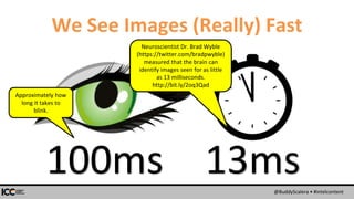 @BuddyScalera • #intelcontent
We See Images (Really) Fast
13ms100ms
Approximately how
long it takes to
blink.
Neuroscientist Dr. Brad Wyble
(https://twitter.com/bradpwyble)
measured that the brain can
identify images seen for as little
as 13 milliseconds.
http://bit.ly/2oq3Qad
 