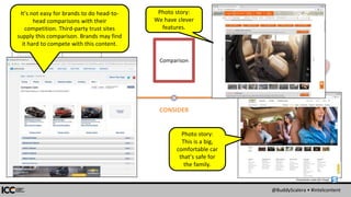 @BuddyScalera • #intelcontent
SEEKER
ACTIVE
SOLUTIONCONSIDER EVANGELIST
PRE
SEEKER
About
Features &
benefits.
Comparison
Details.
+Actual
customers!
Qualified
leads.
Tell a friend.
Screenshots made with Snagit:
It’s not easy for brands to do head-to-
head comparisons with their
competition. Third-party trust sites
supply this comparison. Brands may find
it hard to compete with this content.
Photo story:
We have clever
features.
Photo story:
This is a big,
comfortable car
that’s safe for
the family.
 