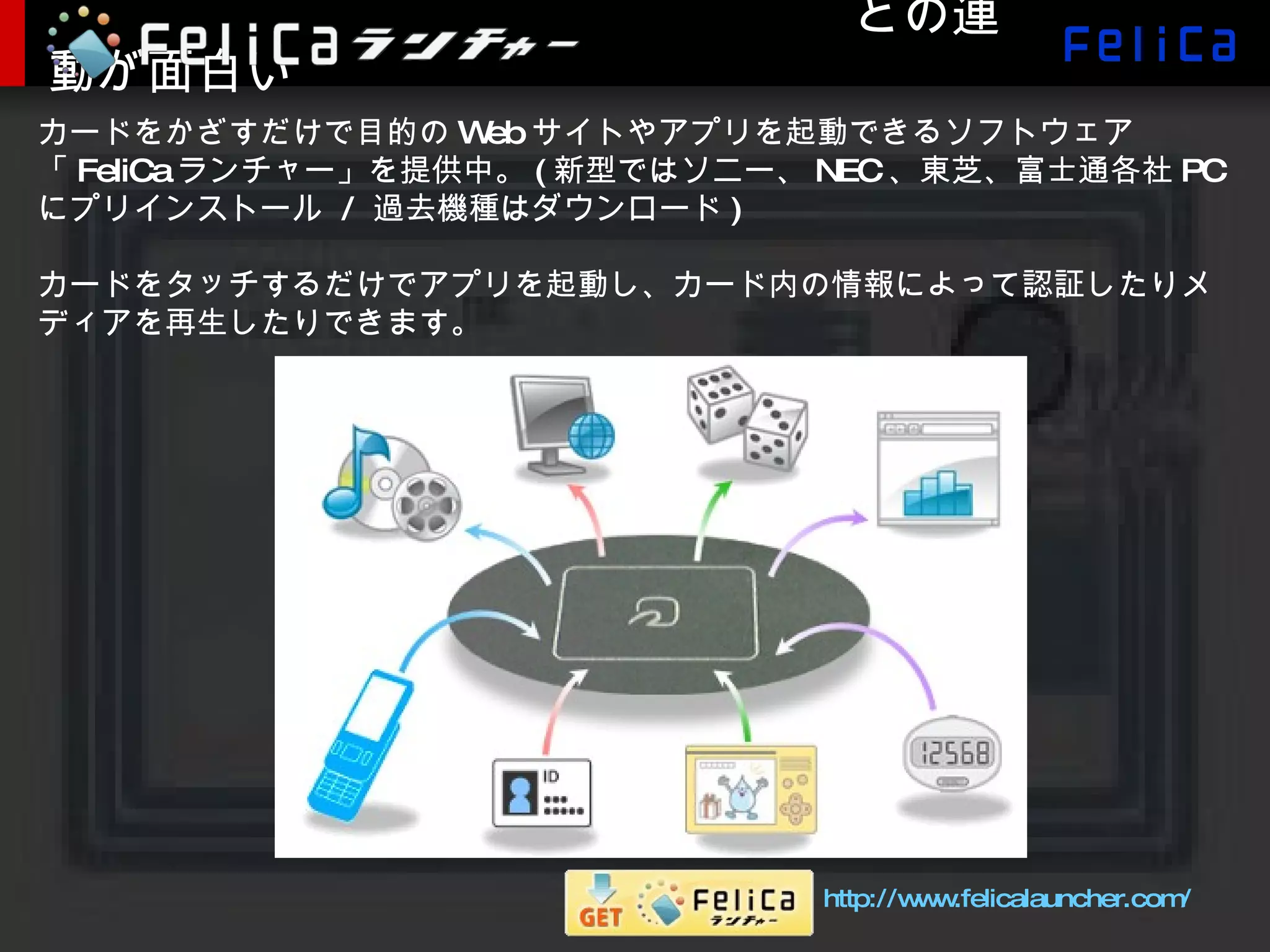 　　　　　　　　　　　　　　　　 との連動が面白い カードをかざすだけで目的の Web サイトやアプリを起動できるソフトウェア「 FeliCa ランチャー」を提供中。 ( 新型ではソニー、 NEC 、東芝、富士通各社 PC にプリインストール  /  過去機種はダウンロード ) カードをタッチするだけでアプリを起動し、カード内の情報によって認証したりメディアを再生したりできます。 http://www.felicalauncher.com/ 　 