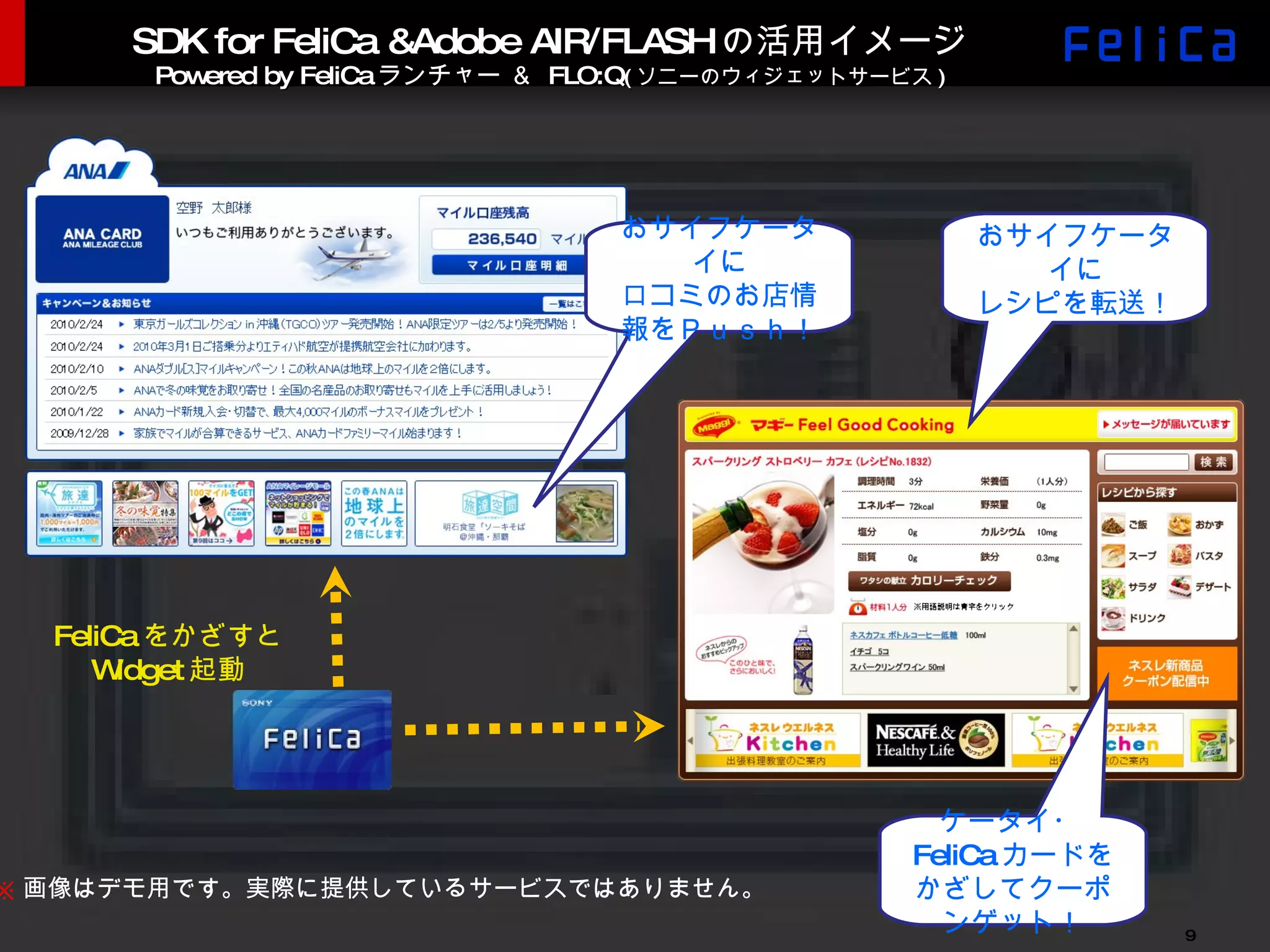 SDK for FeliCa &Adobe AIR/FLASH の活用イメージ Powered by FeliCa ランチャー ＆  FLO:Q ( ソニーのウィジェットサービス ) FeliCa をかざすと Widget 起動 ※ 画像はデモ用です。実際に提供しているサービスではありません。 おサイフケータイに 口コミのお店情報をＰｕｓｈ！ おサイフケータイに レシピを転送！ ケータイ・ FeliCa カードをかざしてクーポンゲット！ 