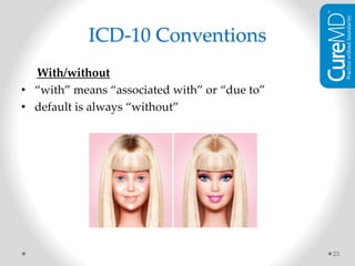 With/without
• “with” means “associated with” or “due to”
• default is always “without”
23
ICD-10 Conventions
 