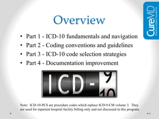 Overview
• Part 1 - ICD-10 fundamentals and navigation
• Part 2 - Coding conventions and guidelines
• Part 3 - ICD-10 code selection strategies
• Part 4 - Documentation improvement
Note: ICD-10-PCS are procedure codes which replace ICD-9-CM volume 3. They
are used for inpatient hospital facility billing only and not discussed in this program.
4
 