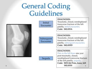 DIAGNOSIS:
Traumatic, closed, nondisplaced
transverse fracture of the left
patella, initial encounter.
Code: S82.035A
DIAGNOSIS:
Traumatic, closed, nondisplaced
transverse fracture of the left
patella, subsequent encounter.
Code: S82.035D
DIAGNOSIS:
Pain in the left knee one year
post traumatic, closed,
nondisplaced transverse fracture
of the left patella, sequela.
Code: M35.562 Pain, knee, left
S82.035S
Initial
Encounter
Subsequent
Encounter
Sequela
General Coding
Guidelines
 