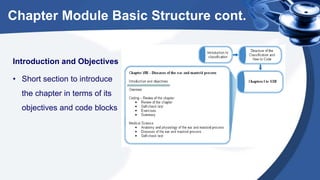Chapter Module Basic Structure cont.
Introduction and Objectives
• Short section to introduce
the chapter in terms of its
objectives and code blocks
 