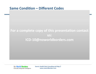 Same	
  Condi�on	
  –	
  Diﬀerent	
  Codes	
  
September	
  2014	
  
Source:	
  Health	
  Data	
  Consul�ng	
  and	
  h�p://
www.noworldborders.com	
  
What’s	
  the	
  Diﬀerence?	
  
October	
  2014	
  
ICD-­‐9	
  
	
  
	
  
ICD-­‐10	
  
	
  
	
  
82111:	
  
Open	
  fracture	
  of	
  Sha�	
  of	
  Femur	
  
	
  
	
  
S72351C:	
  
Displaced	
  comminuted	
  fracture	
  of	
  sha�	
  
of	
  right	
  femur,	
  ini�al	
  encounter	
  for	
  
open	
  fracture	
  type	
  IIIA,	
  IIIB,	
  or	
  IIIC	
  
All	
  codes	
  for	
  femur	
  fractures	
  =	
  16	
  
	
  
	
  
All	
  codes	
  for	
  femur	
  fractures	
  =	
  1530	
  
	
  
	
  
Source:	
  	
  Health	
  Data	
  Consul�ng	
  
For	
  a	
  complete	
  copy	
  of	
  this	
  presenta�on	
  contact	
  
us:	
  
ICD-­‐10@noworldborders.com	
  
 