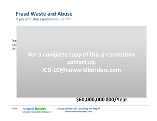 Fraud	
  Waste	
  and	
  Abuse	
  
If	
  you	
  can’t	
  stop	
  expenditures	
  upfront	
  …	
  
Source:	
  
$60,000,000,000/Year	
  
Fraud,	
  Waste	
  and	
  Abuse	
  
Enough	
  money	
  to	
  take	
  care	
  of	
  a	
  
lot	
  of	
  need.	
  
Source:	
  Health	
  Data	
  Consul�ng	
  and	
  h�p://
www.noworldborders.com	
  
For	
  a	
  complete	
  copy	
  of	
  this	
  presenta�on	
  
contact	
  us:	
  
ICD-­‐10@noworldborders.com	
  
 