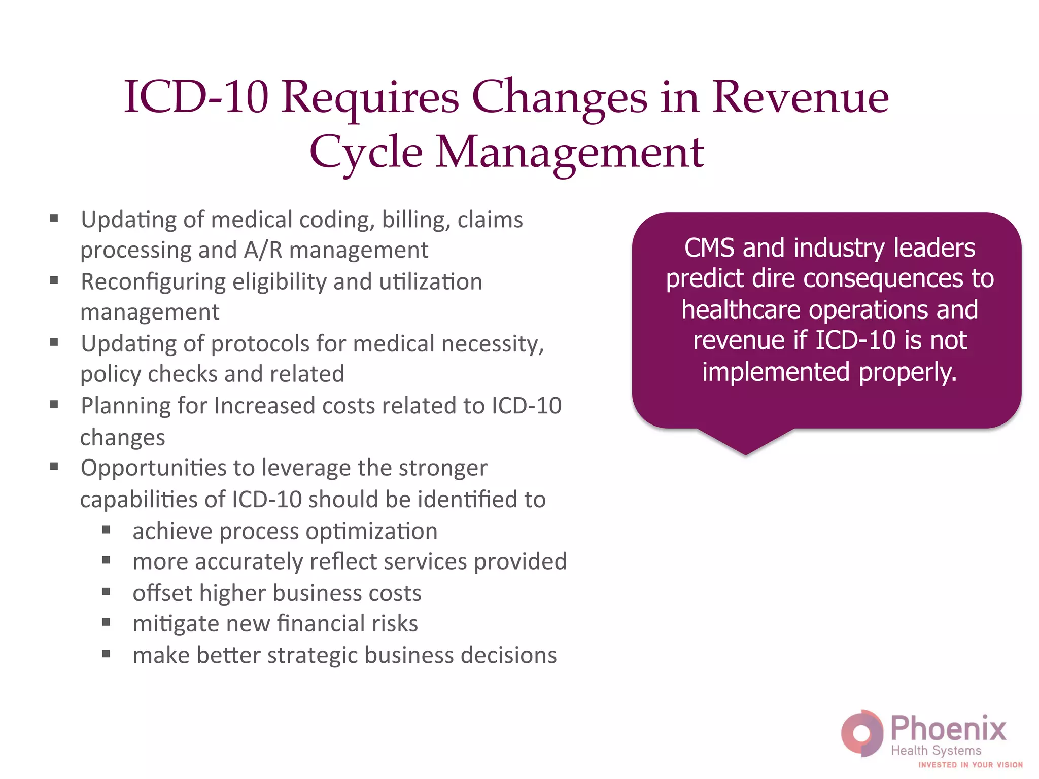 §  UpdaAng	
  of	
  medical	
  coding,	
  billing,	
  claims	
  
processing	
  and	
  A/R	
  management	
  	
  
§  Reconﬁguring	
  eligibility	
  and	
  uAlizaAon	
  
management	
  	
  
§  UpdaAng	
  of	
  protocols	
  for	
  medical	
  necessity,	
  
policy	
  checks	
  and	
  related	
  	
  
§  Planning	
  for	
  Increased	
  costs	
  related	
  to	
  ICD-­‐10	
  
changes	
  	
  
§  OpportuniAes	
  to	
  leverage	
  the	
  stronger	
  
capabiliAes	
  of	
  ICD-­‐10	
  should	
  be	
  idenAﬁed	
  to	
  	
  
§  achieve	
  process	
  opAmizaAon	
  	
  
§  more	
  accurately	
  reﬂect	
  services	
  provided	
  
§  oﬀset	
  higher	
  business	
  costs	
  
§  miAgate	
  new	
  ﬁnancial	
  risks	
  	
  
§  make	
  be_er	
  strategic	
  business	
  decisions	
  
ICD-10 Requires Changes in Revenue
Cycle Management!
CMS and industry leaders
predict dire consequences to
healthcare operations and
revenue if ICD-10 is not
implemented properly.
	
  
 