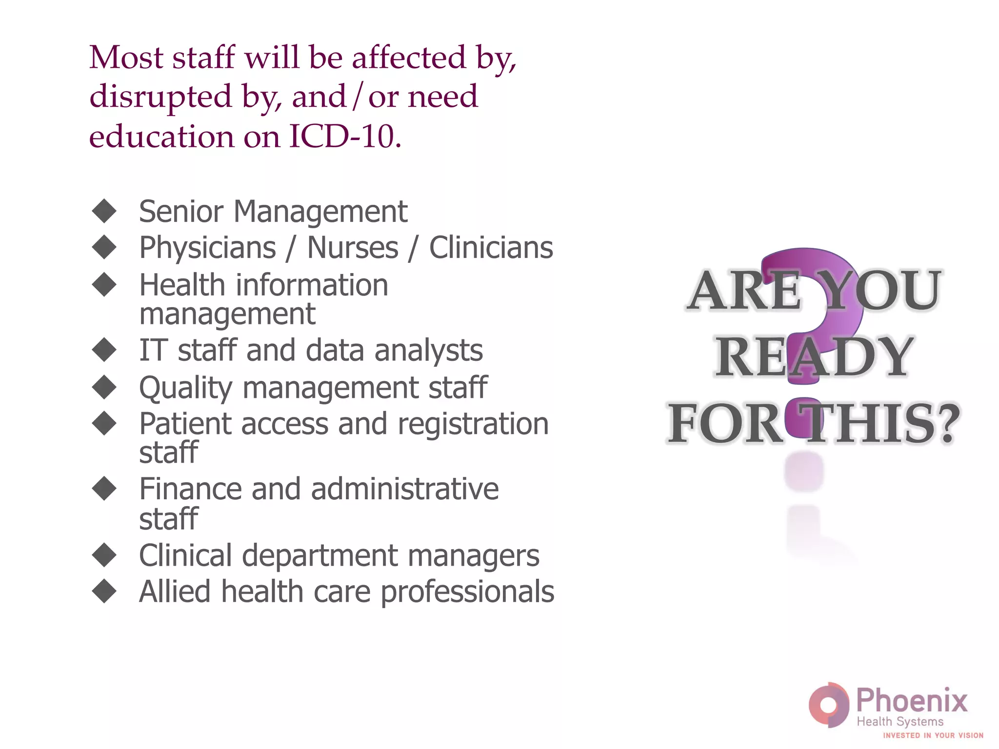 Most staff will be affected by,
disrupted by, and/or need
education on ICD-10.!
u  Senior Management
u  Physicians / Nurses / Clinicians
u  Health information
management
u  IT staff and data analysts
u  Quality management staff
u  Patient access and registration
staff
u  Finance and administrative
staff
u  Clinical department managers
u  Allied health care professionals
ARE YOU
READY
FOR THIS?!
 