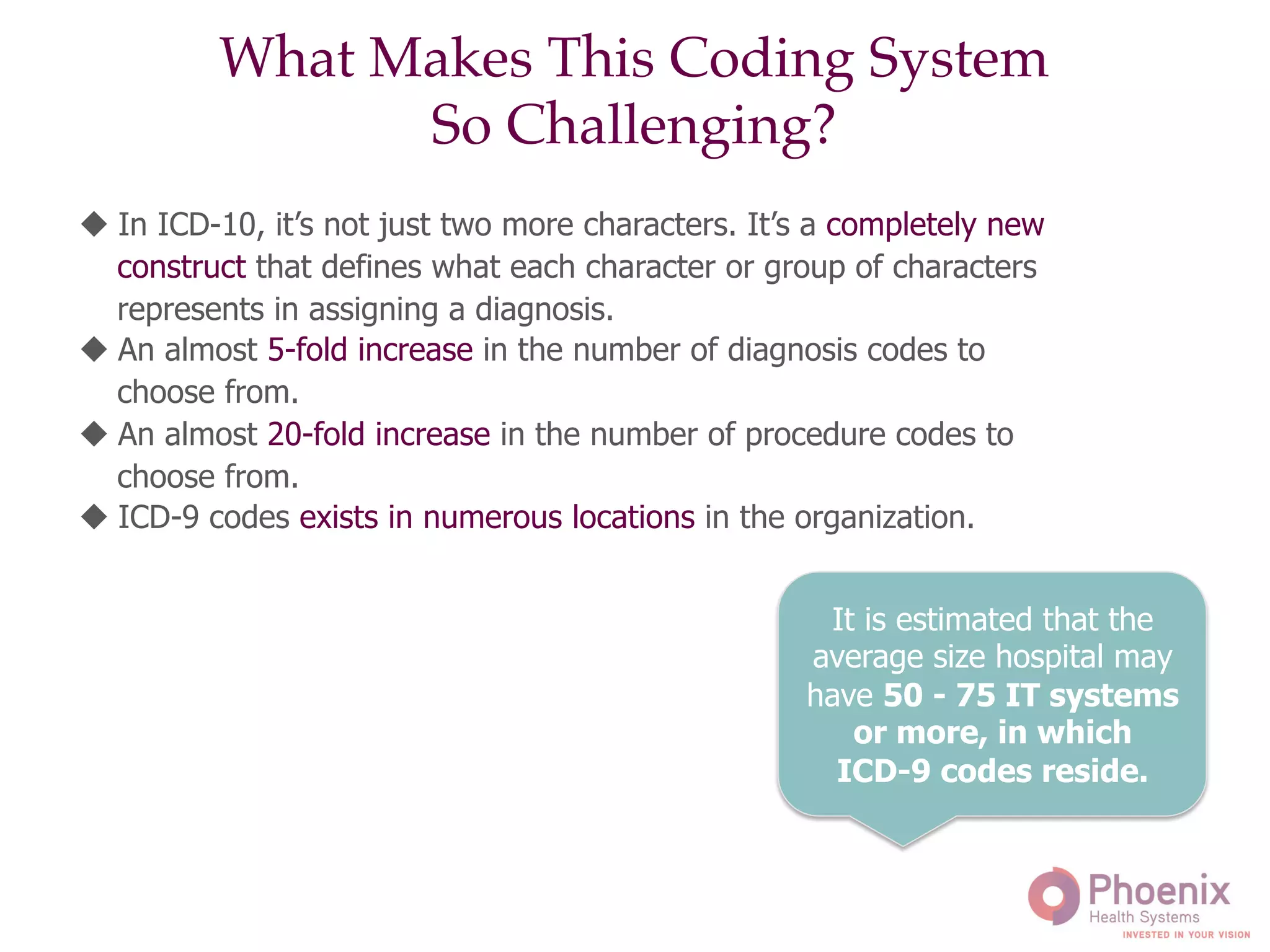  
u In ICD-10, it’s not just two more characters. It’s a completely new
construct that defines what each character or group of characters
represents in assigning a diagnosis.
u An almost 5-fold increase in the number of diagnosis codes to
choose from.
u An almost 20-fold increase in the number of procedure codes to
choose from.
u ICD-9 codes exists in numerous locations in the organization.
What Makes This Coding System "
So Challenging?!
It is estimated that the
average size hospital may
have 50 - 75 IT systems
or more, in which
ICD-9 codes reside.
 