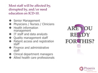 Most staff will be affected by,
disrupted by, and/or need
education on ICD-10.!
u  Senior Management
u  Physicians / Nurses / Clinicians
u  Health information
management
u  IT staff and data analysts
u  Quality management staff
u  Patient access and registration
staff
u  Finance and administrative
staff
u  Clinical department managers
u  Allied health care professionals
ARE YOU
READY
FOR THIS?!
 