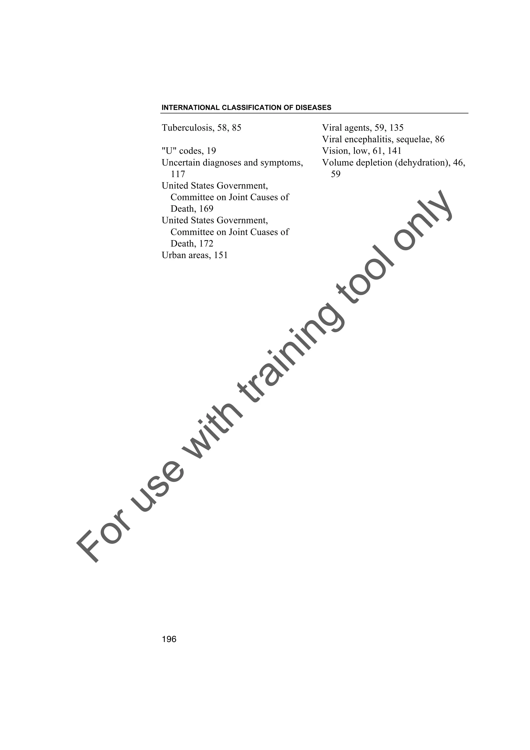Foruse
w
ith
training
toolonly
INTERNATIONAL CLASSIFICATION OF DISEASES
196
Tuberculosis, 58, 85
"U" codes, 19
Uncertain diagnoses and symptoms,
117
United States Government,
Committee on Joint Causes of
Death, 169
United States Government,
Committee on Joint Cuases of
Death, 172
Urban areas, 151
Viral agents, 59, 135
Viral encephalitis, sequelae, 86
Vision, low, 61, 141
Volume depletion (dehydration), 46,
59
 