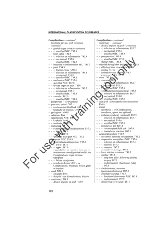 INTERNATIONAL CLASSIFICATION OF DISEASES

to
o

lo
nl
y

Complications––continued
– respiratory––continued
– – device, implant or graft––continued
– – – infection or inflammation T85.7
– – – mechanical T85.6
– – – specified NEC T85.8
– – postoperative J95.9
– – – specified NEC J95.8
– – therapy NEC T81.8
– sedation during labor and delivery O74.9
– – affecting fetus or newborn P04.0
– – cardiac O74.2
– – central nervous system O74.3
– – pulmonary NEC O74.1
– shunt T85.9
– – vascular T82.9
– – – infection or inflammation T82.7
– – – mechanical T82.5
– – – specified NEC T82.8
– – ventricular (communicating) T85.9
– – – infection or inflammation T85.7
– – – mechanical T85.0
– – – specified NEC T85.8
– skin graft (failure) (infection) (rejection)
T86.8
– spinal
– – anesthesia – see Complications,
anesthesia, spinal and epidural
– – catheter (epidural) (subdural) T85.9
– – – infection or inflammation T85.7
– – – mechanical T85.6
– – – specified NEC T85.8
– – puncture or tap G97.1
– – – cerebrospinal fluid leak G97.0
– – – headache or reaction G97.1
– surgical procedure T81.9
– – accidental puncture or laceration T81.2
– – amputation stump (late) NEC T87.6
– – – infection or inflammation T87.4
– – – necrosis T87.5
– – – neuroma T87.3
– – anoxic brain damage T88.5
– – burst stitches or sutures T81.3
– – cardiac T81.8
– – – long-term effect following cardiac
surgery I97.1
– – – postprocedural (functional) (late)
I97.8
– – cholesteatoma, recurrent
(postmastoidectomy) H95.0
– – circulatory (early) T81.7
– – – functional disturbance NEC I97.8
– – – postprocedural I97.9
– – dehiscence (of wound) T81.3

Fo

ru

se

w

ith

tra

in

in

g

Complications––continued
– prosthetic device, graft or implant––
continued
– – genital organ or tract––continued
– – – specified NEC T83.8
– – heart valve T82.9
– – – infection or inflammation T82.6
– – – mechanical T82.0
– – – specified NEC T82.8
– – infection or inflammation NEC T85.7
– – joint T84.9
– – – fracture, bone M96.6
– – – infection or inflammation T84.5
– – – mechanical T84.0
– – – specified NEC T84.8
– – mechanical NEC T85.6
– – specified NEC T85.8
– – urinary organ or tract T83.9
– – – infection or inflammation T83.5
– – – mechanical T83.1
– – – specified NEC T83.8
– – vascular T82.9
– – – specified NEC T82.8
– puerperium – see Puerperal
– puncture, spinal G97.1
– – cerebrospinal fluid leak G97.0
– – headache or reaction G97.1
– pyelogram N99.8
– radiation T66
– radiotherapy NEC T66
– – kyphosis M96.2
– – scoliosis M96.5
– reattached
– – extremity (infection) (rejection) T87.2
– – – lower T87.1
– – – upper T87.0
– – specified body part NEC T87.2
– reimplant NEC T85.9
– – limb (infection) (rejection) T87.2
– – – lower T87.1
– – – upper T87.0
– – organ, failure or rejection (immune or
nonimmune cause) (partial)(total) – see
Complications, organ or tissue
transplant
– – – failure or rejection
– – prosthetic device NEC – see
Complications, prosthetic device, graft
or implant
– renal N28.9
– – allograft T86.1
– – dialysis – see Complications, dialysis
– respiratory J98.9
– – device, implant or graft T85.9

120

 