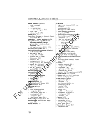 INTERNATIONAL CLASSIFICATION OF DISEASES

to
o

lo
nl
y

Curvature
– organ or site, congenital NEC – see
Distortion
– penis (lateral) Q55.6
– Pott's (spinal) A18.0† M49.0"
– radius, idiopathic, progressive
(congenital) Q74.0
– spine (acquired) (angular) (idiopathic)
(incorrect) (postural) M43.9
– – congenital Q67.5
– – due to or associated with
– – – Charcot-Marie-Tooth disease
G60.0† M49.4"
– – – osteitis
– – – – deformans M88.8
– – – – fibrosa cystica E21.0† M49.8"
– – – tuberculosis (Pott's curvature)
A18.0† M49.0"
– – late effect of rickets E64.3
– – tuberculous A18.0† M49.0"
Cushingoid due to steroid therapy
– correct substance properly administered
E24.2
– overdose or wrong substance given or
taken T38.0
Cushing's
– syndrome or disease E24.9
– – drug-induced E24.2
– – iatrogenic E24.2
– – pituitary-dependent E24.0
– – specified NEC E24.8
– ulcer (see also Ulcer, peptic, acute) K27.3
Cusp, Carabelli – see condition
Cut (external) – see also Wound, open
– muscle – see Injury, muscle
Cutis – see also condition
– hyperelastica Q82.8
– – acquired L57.4
– laxa (hyperelastica) (see also
Dermatolysis) Q82.8
– – senilis L57.4
– marmorata R23.8
– osteosis L94.2
– pendula – see Dermatolysis
– rhomboidalis nuchae L57.2
– verticis gyrata Q82.8
– – acquired L91.8
Cyanosis R23.0
– conjunctiva H11.4
– enterogenous D74.8
– paroxysmal digital I73.0
– retina, retinal H35.8
Cyanotic heart disease I24.9
– congenital Q24.9

Fo

ru

se

w

ith

tra

in

in

g

Crush, crushed––continued
– trunk––continued
– – with
– – – limb(s) T04.7
– – – other body regions T04.8
– vulva S38.0
– wrist (and hand) S67.8
Crusta lactea L21.0
Cruveilhier-Baumgarten cirrhosis, disease
or syndrome K74.6
Cruveilhier's atrophy or disease G12.8
Cryoglobulinemia, cryoglobulinemic
(essential) (idiopathic) (mixed)
(primary) (purpura) (secondary)
(vasculitis) D89.1
– with lung involvement D89.1† J99.8"
Cryptitis (anal) (rectal) K62.8
Cryptococcosis, Cryptococcus (infection)
(neoformans) B45.9
– bone B45.3† M90.2"
– cerebral B45.1† G05.2"
– cutaneous B45.2† L99.8"
– disseminated B45.7
– generalized B45.7
– meningitis B45.1† G02.1"
– meningocerebralis B45.1† G02.1"
– osseous B45.3† M90.2"
– pulmonary B45.0† J99.8"
– skin B45.2† L99.8"
– specified NEC B45.8
Cryptopapillitis (anus) K62.8
Cryptophthalmos Q11.2
– syndrome Q87.0
Cryptorchid, cryptorchism,
cryptorchidism Q53.9
– bilateral Q53.2
– unilateral Q53.1
Cryptosporidiosis A07.2
– resulting from HIV disease B20.8
Cryptostromosis J67.6
Crystalluria R82.9
Cubitus
– valgus (acquired) M21.0
– – congenital Q68.8
– – late effect of rickets E64.3
– varus (acquired) M21.1
– – congenital Q68.8
– – late effect of rickets E64.3
Cultural deprivation or shock Z60.3
Curling's ulcer (see also Ulcer, peptic,
acute) K27.3
Curse, Ondine's G47.3

164

 