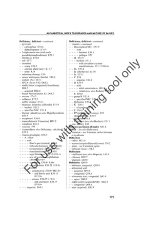 ALPHABETICAL INDEX TO DISEASES AND NATURE OF INJURY

tra

in

in

g

to
o

lo
nl
y

Deficiency, deficient––continued
– vitamin––continued
– – B (complex) NEC E53.9
– – – with
– – – – beriberi E51.1
– – – – pellagra E52
– – B1 E51.9
– – – beriberi E51.1
– – – – with circulatory system
manifestations E51.1† I98.8"
– – B12 E53.8
– – B2 (riboflavin) E53.0
– – B6 E53.1
– – C E54
– – – sequelae E64.2
– – D E55.9
– – – with
– – – – adult osteomalacia M83.8
– – – – rickets (see also Rickets) E55.0
– – E E56.0
– – group B E53.9
– – – specified NEC E53.8
– – H (biotin) E53.8
– – K E56.1
– – – of newborn P53
– – P E56.8
– – PP (pellagra-preventing) E52
– – specified NEC E56.8
– – thiamine E51.9
– – – beriberi (see also Beriberi) E51.1
– zinc, dietary E60
Deficient perineum (female) N81.8
Deficit – see also Deficiency
– attention – see Attention, deficit disorder
or syndrome
Deflection
– radius M21.8
– septum (acquired) (nasal) (nose) J34.2
– spine – see Curvature, spine
– turbinate (nose) J34.2
Defluvium
– capillorum (see also Alopecia) L65.9
– ciliorum H02.7
– unguium L60.8
Deformity Q89.9
– abdomen, congenital Q89.9
– abdominal wall
– – acquired M95.8
– – congenital Q79.5
– alimentary tract, congenital Q45.9
– – upper Q40.9
– ankle (joint) (acquired) NEC M21.6
– – congenital Q68.8
– anus (acquired) K62.8

Fo

ru

se

w

ith

Deficiency, deficient––continued
– pyruvate
– – carboxylase E74.4
– – dehydrogenase E74.4
– 5-alpha-reductase (with male
pseudohermaphroditism) E29.1
– riboflavin E53.0
– salt E87.1
– secretion
– – ovary E28.3
– – salivary gland (any) K11.7
– – urine R34
– selenium (dietary) E59
– serum antitrypsin, familial E88.0
– sodium (Na) E87.1
– SPCA (factor VII) D68.2
– stable factor (congenital) (hereditary)
D68.2
– – acquired D68.4
– Stuart-Prower (factor X) D68.2
– sucrase E74.3
– sulfatase E75.2
– sulfite oxidase E72.1
– thiamine, thiaminic (chloride) E51.9
– – beriberi E51.1
– – specified NEC E51.8
– thyroid (gland) (see also Hypothyroidism)
E03.9
– tocopherol E56.0
– transcobalamin II (anemia) D51.2
– vanadium E61.6
– vascular I99
– viosterol (see also Deficiency, calciferol)
E55.9
– vitamin (multiple) E56.9
– – A E50.9
– – – with
– – – – Bitot's spot (corneal) E50.1
– – – – follicular keratosis E50.8† L86"
– – – – keratomalacia E50.4† H19.8"
– – – – manifestations NEC E50.8
– – – – night blindness E50.5† H58.1"
– – – – scar of cornea, xerophthalmic
E50.6† H19.8"
– – – – xeroderma E50.8† L86"
– – – – xerophthalmia E50.7† H19.8"
– – – – xerosis
– – – – – conjunctival E50.0† H13.8"
– – – – – – and Bitot's spot E50.1†
H13.8"
– – – – – cornea E50.2† H19.8"
– – – – – – and ulceration E50.3†
H19.8"
– – – sequelae E64.1

179

 