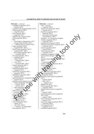 ALPHABETICAL INDEX TO DISEASES AND NATURE OF INJURY

tra

in

in

g

to
o

lo
nl
y

Deformity––continued
– heel––continued
– – congenital Q66.9
– hepatic duct (congenital) Q44.5
– – acquired K83.8
– hip (joint) (acquired) M21.9
– – congenital Q65.9
– – due to (previous) juvenile
osteochondrosis M91.2
– hourglass – see Contraction, hourglass
– humerus (acquired) M21.8
– – congenital Q74.0
– hypophyseal (congenital) Q89.2
– ileocecal (coil) (valve) (acquired) K63.8
– – congenital Q43.9
– ileum (congenital) Q43.9
– – acquired K63.8
– ilium (acquired) M95.5
– – congenital Q74.2
– integument (congenital) Q84.9
– intervertebral cartilage or disk (acquired)
M51.8
– intestine (large) (small) (congenital) NEC
Q43.9
– – acquired K63.8
– intrinsic minus or plus (hand) M21.8
– iris (acquired) H21.5
– – congenital Q13.2
– ischium (acquired) M95.5
– – congenital Q74.2
– jaw (acquired) (congenital) K07.9
– joint (acquired) NEC M21.9
– – congenital Q68.8
– kidney(s) (calyx) (pelvis) (congenital)
Q63.9
– – acquired N28.8
– – artery Q27.2
– – – acquired I77.8
– Klippel-Feil Q76.1
– knee (acquired) NEC M21.9
– – congenital Q68.2
– labium (majus) (minus) (congenital)
Q52.7
– – acquired N90.8
– lacrimal passages or duct (congenital)
NEC Q10.6
– – acquired H04.6
– larynx (muscle) (congenital) Q31.8
– – acquired J38.7
– leg (lower) (upper) (acquired) M21.9
– – congenital Q68.8
– lens (acquired) H27.8
– – congenital Q12.9
– lid (fold) (acquired) H02.8

Fo

ru

se

w

ith

Deformity––continued
– esophagus (congenital) Q39.9
– – acquired K22.8
– eustachian tube (congenital) NEC Q17.8
– eyelid (acquired) H02.8
– – congenital Q10.3
– face (acquired) M95.2
– – congenital Q18.9
– fallopian tube, acquired N83.8
– femur (acquired) M21.8
– fetal
– – with fetopelvic disproportion O33.7
– – causing obstructed labor O66.3
– – – affecting fetus or newborn P03.1
– finger (acquired) M20.0
– – congenital NEC Q68.1
– flexion (joint) (acquired) M21.2
– – congenital NEC Q68.8
– – hip or thigh (acquired) M21.2
– – – congenital Q65.9
– foot (acquired) NEC M21.6
– – congenital Q66.9
– – valgus M21.0
– – – congenital NEC Q66.6
– – varus M21.1
– – – congenital NEC Q66.3
– forearm (acquired) M21.9
– – congenital Q68.8
– forehead (acquired) M95.2
– – congenital Q75.8
– frontal bone (acquired) M95.2
– – congenital Q75.8
– gallbladder (congenital) Q44.1
– – acquired K82.8
– gastrointestinal tract (congenital) Q45.9
– – acquired K63.8
– genitalia, genital organ(s) or system NEC
– – female (congenital) Q52.9
– – – acquired N94.8
– – – external Q52.7
– – male (congenital) Q55.9
– – – acquired N50.8
– globe (eye) (congenital) Q15.8
– – acquired H44.8
– gum, acquired NEC K06.8
– hand (acquired) M21.9
– – congenital Q68.1
– head (acquired) M95.2
– – congenital Q75.8
– heart (congenital) Q24.9
– – septum Q21.9
– – valve NEC Q24.8
– – – acquired – see Endocarditis
– heel (acquired) M21.6

181

 