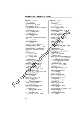 INTERNATIONAL CLASSIFICATION OF DISEASES

to
o

lo
nl
y

Deformity––continued
– nose––continued
– – syphilitic
– – – congenital A50.5
– – – late A52.7† J99.8"
– ocular muscle (congenital) Q10.3
– – acquired H50.6
– oesophagus (congenital) Q39.9
– – acquired K22.8
– opticociliary vessels (congenital) Q13.2
– orbit (eye) (acquired) H05.3
– – congenital Q10.7
– organ of Corti (congenital) Q16.5
– ovary (congenital) Q50.3
– – acquired N83.8
– oviduct, acquired N83.8
– palate (congenital) Q38.5
– – acquired K10.8
– – cleft (see also Cleft, palate) Q35.9
– pancreas (congenital) Q45.3
– – acquired K86.8
– parathyroid (gland) Q89.2
– parotid (gland) (congenital) Q38.4
– – acquired K11.8
– patella (acquired) M22.8
– – congenital Q68.2
– pelvis, pelvic (acquired) (bony) M95.5
– – with disproportion (fetopelvic) O33.0
– – – affecting fetus or newborn P03.1
– – – causing obstructed labor O65.0
– – congenital Q74.2
– – rachitic (late effect) E64.3
– penis (glans) (congenital) Q55.6
– – acquired N48.8
– pericardium (congenital) Q24.8
– – acquired – see Pericarditis
– pharynx (congenital) Q38.8
– – acquired J39.2
– pinna, acquired H61.1
– pituitary (congenital) Q89.2
– posture – see Curvature, spine
– prepuce (congenital) Q55.6
– – acquired N48.8
– prostate (congenital) Q55.4
– – acquired N42.8
– pupil (congenital) Q13.2
– – acquired H21.5
– pylorus (congenital) Q40.3
– – acquired K31.8
– rachitic (acquired), old or healed E64.3
– radius (acquired) M21.9
– – congenital Q68.8
– rectum (congenital) Q43.9
– – acquired K62.8

Fo

ru

se

w

ith

tra

in

in

g

Deformity––continued
– lid––continued
– – congenital Q10.3
– ligament (acquired) M24.2
– limb (acquired) M21.9
– – congenital, except reduction deformity
Q68.8
– – specified NEC M21.8
– lip (acquired) NEC K13.0
– – congenital Q38.0
– liver (congenital) Q44.7
– – acquired K76.8
– lumbosacral (congenital) (joint) (region)
Q76.4
– – acquired M43.8
– lung (congenital) Q33.9
– – acquired J98.4
– lymphatic system, congenital Q89.9
– Madelung's (radius) Q74.0
– mandible (acquired) (congenital) K07.9
– maxilla (acquired) (congenital) K07.9
– meninges or membrane (congenital)
Q07.9
– – cerebral Q04.8
– – – acquired G96.1
– – spinal cord Q06.9
– – – acquired G96.1
– metacarpus (acquired) M21.9
– – congenital Q74.0
– metatarsus (acquired) M21.6
– – congenital Q66.8
– middle ear (congenital) Q16.4
– mitral (leaflets) (valve) I05.8
– – stenosis, congenital Q23.2
– mouth (acquired) K13.7
– multiple, congenital NEC Q89.7
– muscle (acquired) M62.8
– musculoskeletal system (acquired) M95.9
– – specified NEC M95.8
– nail (acquired) L60.8
– – congenital Q84.6
– nasal – see Deformity, nose
– neck (acquired) M95.3
– – congenital Q18.9
– – – sternocleidomastoid Q68.0
– nipple (congenital) Q83.9
– – acquired N64.8
– nose (acquired) (cartilage) M95.0
– – bone (turbinate) M95.0
– – congenital Q30.9
– – – bent or squashed Q67.4
– – septum J34.2
– – – congenital Q30.8
– – sinus (wall), congenital Q30.8

182

 