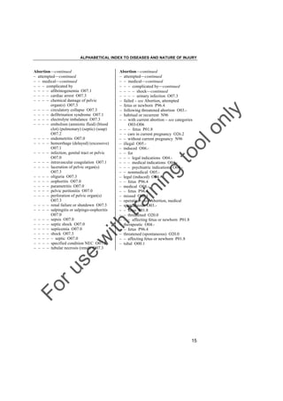 ALPHABETICAL INDEX TO DISEASES AND NATURE OF INJURY

tra

in

in

g

to
o

lo
nl
y

Abortion––continued
– attempted––continued
– – medical––continued
– – – complicated by––continued
– – – – shock––continued
– – – – urinary infection O07.3
– failed – see Abortion, attempted
– fetus or newborn P96.4
– following threatened abortion O03.– habitual or recurrent N96
– – with current abortion – see categories
O03-O06
– – – fetus P01.8
– – care in current pregnancy O26.2
– – without current pregnancy N96
– illegal O05.– induced O06.– – for
– – – legal indications O04.– – – medical indications O04.– – – psychiatric indications O04.– – nonmedical O05.– legal (induced) O04.– – fetus P96.4
– medical O04.– – fetus P96.4
– missed O02.1
– operative – see Abortion, medical
– spontaneous O03.– – fetus P01.8
– – threatened O20.0
– – – affecting fetus or newborn P01.8
– therapeutic O04.– – fetus P96.4
– threatened (spontaneous) O20.0
– – affecting fetus or newborn P01.8
– tubal O00.1

Fo

ru

se

w

ith

Abortion––continued
– attempted––continued
– – medical––continued
– – – complicated by
– – – – afibrinogenemia O07.1
– – – – cardiac arrest O07.3
– – – – chemical damage of pelvic
organ(s) O07.3
– – – – circulatory collapse O07.3
– – – – defibrination syndrome O07.1
– – – – electrolyte imbalance O07.3
– – – – embolism (amniotic fluid) (blood
clot) (pulmonary) (septic) (soap)
O07.2
– – – – endometritis O07.0
– – – – hemorrhage (delayed) (excessive)
O07.1
– – – – infection, genital tract or pelvic
O07.0
– – – – intravascular coagulation O07.1
– – – – laceration of pelvic organ(s)
O07.3
– – – – oliguria O07.3
– – – – oophoritis O07.0
– – – – parametritis O07.0
– – – – pelvic peritonitis O07.0
– – – – perforation of pelvic organ(s)
O07.3
– – – – renal failure or shutdown O07.3
– – – – salpingitis or salpingo-oophoritis
O07.0
– – – – sepsis O07.0
– – – – septic shock O07.0
– – – – septicemia O07.0
– – – – shock O07.3
– – – – – septic O07.0
– – – – specified condition NEC O07.3
– – – – tubular necrosis (renal) O07.3

15

 