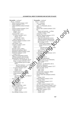 ALPHABETICAL INDEX TO DISEASES AND NATURE OF INJURY

tra

in

in

g

to
o

lo
nl
y

Dermatitis––continued
– due to––continued
– – furs––continued
– – – irritant L24.8
– – glues – see Dermatitis, due to,
adhesives
– – greases NEC (contact) (irritant) L24.1
– – hot
– – – objects and materials – see Burn
– – – weather or places L59.0
– – infrared rays L59.8
– – ingestion, ingested substance L27.9
– – – chemicals NEC L27.8
– – – drugs and medicaments (correct
substance properly administered)
(generalized) (see also Dermatitis,
due to, drugs) L27.0
– – – – localized skin eruption L27.1
– – – – wrong substance given or taken
T50.9
– – – – – specified substance – see Table
of drugs and chemicals
– – – food L27.2
– – – specified NEC L27.8
– – insecticide, in contact with skin L25.3
– – – allergic L23.5
– – – irritant L24.5
– – internal agent L27.9
– – – drugs and medicaments
(generalized) (see also Dermatitis,
due to, drugs) L27.0
– – – food L27.2
– – irradiation – see Dermatitis, due to,
radioactive substances
– – lacquer tree (allergic) (contact) L23.7
– – light (sun) NEC L57.8
– – – acute L56.8
– – – other L59.8
– – Liponyssoides sanguineus B88.0
– – low temperature L30.8
– – metals, metal salts (allergic) (contact)
L23.0
– – – irritant L24.8
– – nickel (allergic) (contact) L23.0
– – – irritant L24.8
– – nylon (allergic) (contact) L23.5
– – – irritant L24.5
– – oils NEC (contact) (irritant) L24.1
– – paint solvents (contact) (irritant) L24.2
– – petroleum products (contact) (irritant)
(substances in T52.-) L24.2
– – plants NEC (contact) L25.5
– – – allergic L23.7
– – – irritant L24.7

Fo

ru

se

w

ith

Dermatitis––continued
– due to––continued
– – alkalis (contact) (irritant) L24.5
– – arsenic (ingested) L27.8
– – carbon disulfide (contact) (irritant)
L24.2
– – caustics (contact) (irritant) L24.5
– – cement (contact) L25.3
– – – allergic L23.5
– – – irritant L24.5
– – chemicals NEC L25.3
– – – in contact with skin L25.3
– – – – allergic L23.5
– – – – irritant NEC L24.5
– – – taken internally L27.8
– – chromium (allergic) (contact) L23.0
– – – irritant L24.8
– – cold weather L30.8
– – cosmetics (contact) L25.0
– – – allergic L23.2
– – – irritant L24.3
– – Demodex species B88.0
– – Dermanyssus gallinae B88.0
– – detergents (contact) (irritant) L24.0
– – dichromate (allergic) L23.0
– – – irritant L24.5
– – drugs and medicaments (correct
substance properly administered)
(generalized) (internal use) L27.0
– – – external (see also Dermatitis, due to,
drugs, in contact with skin) L25.1
– – – – wrong substance given or taken
T49.9
– – – – – specified substance – see Table
of drugs and chemicals
– – – in contact with skin L25.1
– – – – allergic L23.3
– – – – irritant L24.4
– – – localized skin eruption L27.1
– – – wrong substance given or taken
T50.9
– – – – specified substance – see Table of
drugs and chemicals
– – dyes (contact) L25.2
– – – allergic L23.4
– – – irritant L24.8
– – epidermophytosis – see
Dermatophytosis
– – external irritant NEC L24.9
– – food (ingested) L27.2
– – – in contact with skin L25.4
– – – – allergic L23.6
– – – – irritant L24.6
– – furs (allergic) (contact) L23.8

197

 