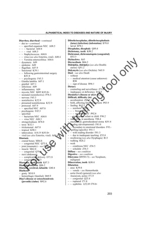 ALPHABETICAL INDEX TO DISEASES AND NATURE OF INJURY

tra

in

in

g

to
o

lo
nl
y

Dibothriocephalus, dibothriocephaliasis
(latus) (infection) (infestation) B70.0
– larval B70.1
Dicephalus, dicephaly Q89.4
Dichotomy, teeth K00.2
Dichromat, dichromatopsia (congenital)
H53.5
Dichuchwa A65
Dicroceliasis B66.2
Didelphia, didelphys (see also Double
uterus) Q51.2
Didymytis (see also Orchitis) N45.9
Died – see also Death
– without
– – medical attention (cause unknown)
R98
– – sign of disease R96.1
Dietary
– counseling and surveillance Z71.3
– inadequacy or deficiency E63.9
Dieulafoy's disease or ulcer K25.0
Difficult, difficulty (in)
– acculturation Z60.3
– birth, affecting fetus or newborn P03.9
– feeding R63.3
– – newborn P92.9
– – – breast P92.5
– – – specified NEC P92.8
– – nonorganic, infant or child F98.2
– intubation, in anesthesia T88.4
– mechanical, gastroduodenal stoma K91.8
– reading (developmental) F81.0
– – secondary to emotional disorders F93.– spelling (specific) F81.1
– – with reading disorder F81.3
– – due to inadequate teaching Z55.8
– swallowing (see also Dysphagia) R13
– walking R26.2
– work
– – conditions NEC Z56.5
– – schedule Z56.3
Diffuse – see condition
Digestive – see condition
Diktyoma (M9501/3) – see Neoplasm,
malignant
Dilaceration, tooth K00.4
Dilatation
– anus K59.8
– – venule – see Hemorrhoids
– aorta (focal) (general) (see also
Aneurysm, aorta) I71.9
– – congenital Q25.4
– – ruptured I71.8
– – syphilitic A52.0† I79.0"

Fo

ru

se

w

ith

Diarrhea, diarrheal––continued
– due to––continued
– – specified organism NEC A08.5
– – – bacterial A04.8
– – – viral A08.3
– – Staphylococcus A04.8
– – virus (see also Enteritis, viral) A08.4
– – Yersinia enterocolitica A04.6
– dysenteric A09
– epidemic A09
– flagellate A07.9
– functional K59.1
– – following gastrointestinal surgery
K91.8
– – psychogenic F45.3
– Giardia lamblia A07.1
– giardial A07.1
– infectious A09
– inflammatory A09
– mycotic NEC B49† K93.8"
– neonatal (noninfective) P78.3
– nervous F45.3
– noninfective K52.9
– presumed noninfectious K52.9
– protozoal A07.9
– – specified NEC A07.8
– psychogenic F45.3
– specified
– – bacterium NEC A04.8
– – virus NEC A08.3
– strongyloidiasis B78.0
– toxic K52.1
– trichomonal A07.8
– tropical K90.1
– tuberculous A18.3† K93.0"
– viral (see also Enteritis, viral) A08.4
Diastasis
– cranial bones M84.8
– – congenital NEC Q75.8
– joint (traumatic) – see Dislocation
– muscle M62.0
– – congenital Q79.8
– recti (abdomen)
– – complicating delivery O71.8
– – congenital Q79.5
Diastema, tooth, teeth K07.3
Diastematomyelia Q06.2
Diataxia, cerebral, infantile G80.4
Diathesis
– gouty M10.9
– hemorrhagic (familial) D69.9
Diaz's disease or osteochondrosis
(juvenile) (talus) M92.6

203

 