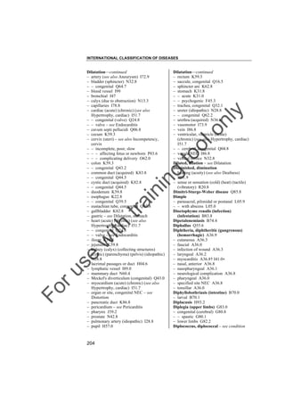 INTERNATIONAL CLASSIFICATION OF DISEASES

to
o

lo
nl
y

Dilatation––continued
– rectum K59.3
– saccule, congenital Q16.5
– sphincter ani K62.8
– stomach K31.8
– – acute K31.0
– – psychogenic F45.3
– trachea, congenital Q32.1
– ureter (idiopathic) N28.8
– – congenital Q62.2
– urethra (acquired) N36.8
– vasomotor I73.9
– vein I86.8
– ventricular, ventricle (acute)
(chronic) (see also Hypertrophy, cardiac)
I51.7
– – cerebral, congenital Q04.8
– venule NEC I86.8
– vesical orifice N32.8
Dilated, dilation – see Dilatation
Diminished, diminution
– hearing (acuity) (see also Deafness)
H91.9
– sense or sensation (cold) (heat) (tactile)
(vibratory) R20.8
Dimitri-Sturge-Weber disease Q85.8
Dimple
– parasacral, pilonidal or postanal L05.9
– – with abscess L05.0
Dioctophyme renalis (infection)
(infestation) B83.8
Dipetalonemiasis B74.4
Diphallus Q55.6
Diphtheria, diphtheritic (gangrenous)
(hemorrhagic) A36.9
– cutaneous A36.3
– faucial A36.0
– infection of wound A36.3
– laryngeal A36.2
– myocarditis A36.8† I41.0"
– nasal, anterior A36.8
– nasopharyngeal A36.1
– neurological complication A36.8
– pharyngeal A36.0
– specified site NEC A36.8
– tonsillar A36.0
Diphyllobothriasis (intestine) B70.0
– larval B70.1
Diplacusis H93.2
Diplegia (upper limbs) G83.0
– congenital (cerebral) G80.8
– – spastic G80.1
– lower limbs G82.2
Diplococcus, diplococcal – see condition

Fo

ru

se

w

ith

tra

in

in

g

Dilatation––continued
– artery (see also Aneurysm) I72.9
– bladder (sphincter) N32.8
– – congenital Q64.7
– blood vessel I99
– bronchial J47
– calyx (due to obstruction) N13.3
– capillaries I78.8
– cardiac (acute) (chronic) (see also
Hypertrophy, cardiac) I51.7
– – congenital (valve) Q24.8
– – valve – see Endocarditis
– cavum septi pellucidi Q06.8
– cecum K59.3
– cervix (uteri) – see also Incompetency,
cervix
– – incomplete, poor, slow
– – – affecting fetus or newborn P03.6
– – – complicating delivery O62.0
– colon K59.3
– – congenital Q43.2
– common duct (acquired) K83.8
– – congenital Q44.5
– cystic duct (acquired) K82.8
– – congenital Q44.5
– duodenum K59.8
– esophagus K22.8
– – congenital Q39.5
– eustachian tube, congenital Q17.8
– gallbladder K82.8
– gastric – see Dilatation, stomach
– heart (acute) (chronic) (see also
Hypertrophy, cardiac) I51.7
– – congenital Q24.8
– – valve – see Endocarditis
– ileum K59.8
– jejunum K59.8
– kidney (calyx) (collecting structures)
(cystic) (parenchyma) (pelvis) (idiopathic)
N28.8
– lacrimal passages or duct H04.6
– lymphatic vessel I89.0
– mammary duct N60.4
– Meckel's diverticulum (congenital) Q43.0
– myocardium (acute) (chronic) (see also
Hypertrophy, cardiac) I51.7
– organ or site, congenital NEC – see
Distortion
– pancreatic duct K86.8
– pericardium – see Pericarditis
– pharynx J39.2
– prostate N42.8
– pulmonary artery (idiopathic) I28.8
– pupil H57.0

204

 