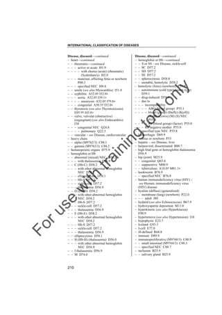 INTERNATIONAL CLASSIFICATION OF DISEASES

to
o

lo
nl
y

Disease, diseased––continued
– hemoglobin or Hb––continued
– – S or SS – see Disease, sickle-cell
– – SC D57.2
– – SD D57.2
– – SE D57.2
– – spherocytosis D58.0
– – unstable, hemolytic D58.2
– hemolytic (fetus) (newborn) P55.9
– – autoimmune (cold type) (warm type)
D59.1
– – drug-induced D59.0
– – due to
– – – incompatibility
– – – – ABO (blood group) P55.1
– – – – blood (group) (Duffy) (K(ell))
(Kidd) (Lewis) (M) (S) NEC
P55.8
– – – – Rh (blood group) (factor) P55.0
– – – Rh-negative mother P55.0
– – specified type NEC P55.8
– hemorrhagic D69.9
– – fetus or newborn P53
– hepatic – see Disease, liver
– herpesviral, disseminated B00.7
– high fetal gene or hemoglobin thalassemia
D56.9
– hip (joint) M25.9
– – congenital Q65.8
– – suppurative M00.9
– – tuberculous A18.0† M01.1"
– hookworm B76.9
– – specified NEC B76.8
– human immunodeficiency virus (HIV) –
see Human, immunodeficiency virus
(HIV) disease
– hyaline (diffuse) (generalized)
– – membrane (lung) (newborn) P22.0
– – – adult J80
– hydatid (see also Echinococcus) B67.9
– hydroxyapatite deposition M11.0
– hyperkinetic (see also Hyperkinesia)
F90.9
– hypertensive (see also Hypertension) I10
– hypophysis E23.7
– Iceland G93.3
– I-cell E77.0
– ill-defined R68.8
– immune D89.9
– immunoproliferative (M9760/3) C88.9
– – small intestinal (M9764/3) C88.3
– – specified NEC C88.7
– inclusion B25.9
– – salivary gland B25.9

Fo

ru

se

w

ith

tra

in

in

g

Disease, diseased––continued
– heart––continued
– – rheumatic––continued
– – – active or acute I01.9
– – – – with chorea (acute) (rheumatic)
(Sydenham's) I02.0
– – – maternal, affecting fetus or newborn
P00.3
– – – specified NEC I09.8
– – senile (see also Myocarditis) I51.4
– – syphilitic A52.0† I52.0"
– – – aortic A52.0† I39.1"
– – – – aneurysm A52.0† I79.0"
– – – congenital A50.5† I52.0"
– – thyrotoxic (see also Thyrotoxicosis)
E05.9† I43.8"
– – valve, valvular (obstructive)
(regurgitant) (see also Endocarditis)
I38
– – – congenital NEC Q24.8
– – – – pulmonary Q22.3
– – vascular – see Disease, cardiovascular
– heavy chain
– – alpha (M9762/3) C88.1
– – gamma (M9763/3) C88.2
– hematopoietic organs D75.9
– hemoglobin or Hb
– – abnormal (mixed) NEC D58.2
– – – with thalassemia D56.9
– – C (Hb-C) D58.2
– – – with other abnormal hemoglobin
NEC D58.2
– – – elliptocytosis D58.1
– – – Hb-S D57.2
– – – sickle-cell D57.2
– – – thalassemia D56.9
– – D (Hb-D) D58.2
– – – with other abnormal hemoglobin
NEC D58.2
– – – Hb-S D57.2
– – – sickle-cell D57.2
– – – thalassemia D56.9
– – E (Hb-E) D58.2
– – – with other abnormal hemoglobin
NEC D58.2
– – – Hb-S D57.2
– – – sickle-cell D57.2
– – – thalassemia D56.9
– – elliptocytosis D58.1
– – H (Hb-H) (thalassemia) D56.0
– – – with other abnormal hemoglobin
NEC D56.9
– – I thalassemia D56.9
– – M D74.0

210

 